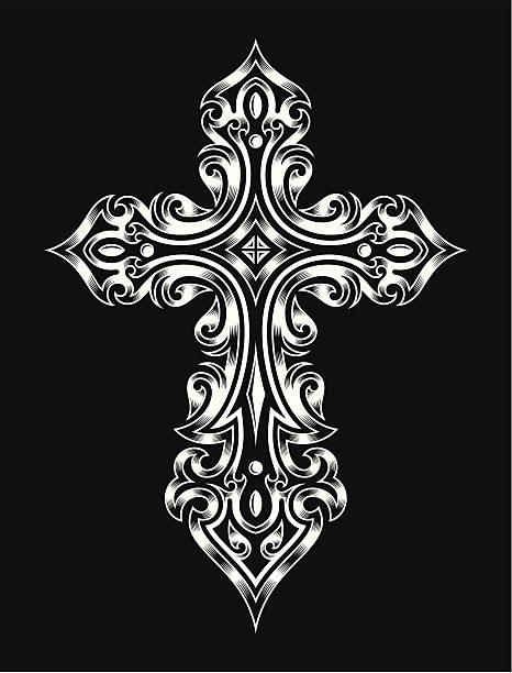 Gothic Cross fully editable vector illustration (editable EPS) of gothic cross in white on isolated black background, image suitable for design elements, logo, crest, emblem, insignia or tattoo celtic cross stock illustrations