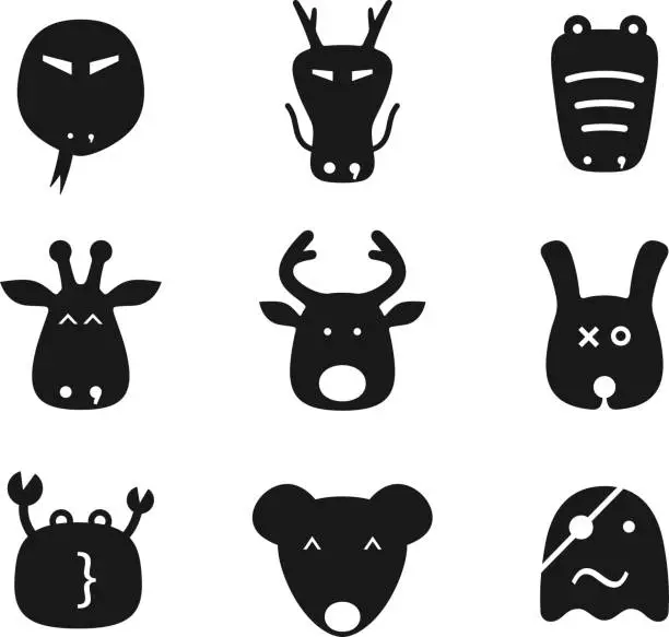 Vector illustration of animal face black flat icon set