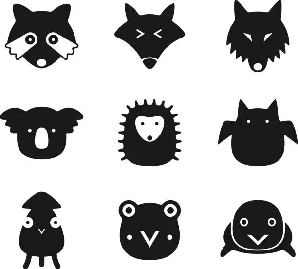 Vector illustration of animal face black flat icon set
