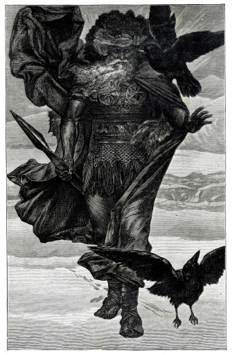 Vintage engraving of Odin the Northern God of War, after the picture by Valentine Cameron Prinsep. 1871.  The Pair of ravens are Huginn and Muninn, they fly all over the world, Midgard, and bring information to the god Odin.