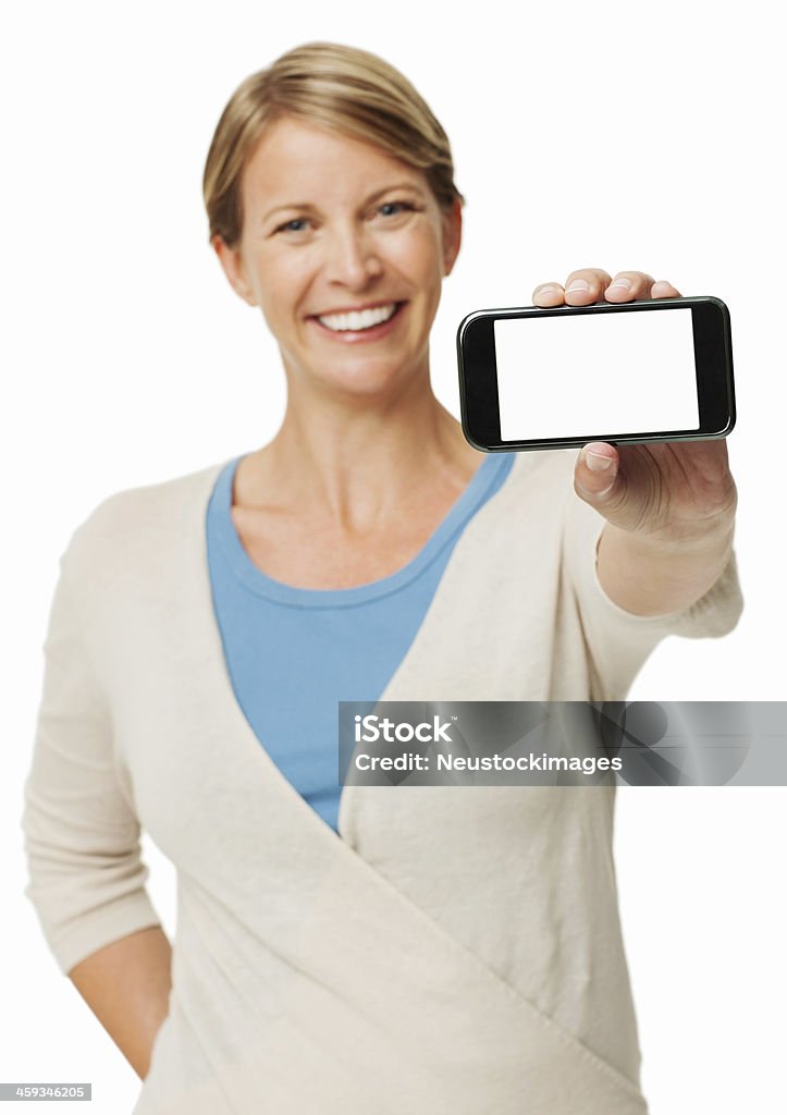幸せな女性のスマートフォンを示す - 1人のロイヤリティフリーストックフォト