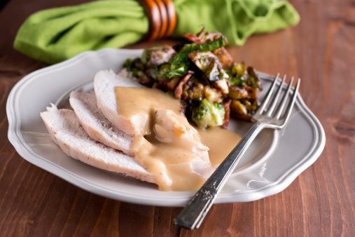 Healthy Roast Turkey with Brussels Sprouts and Gravy.