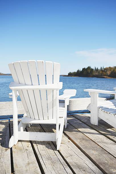 istock Two Wooden Adirondak Deck Chairs with Sea View 459352755