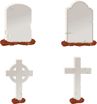 A vector illustration of various stone tombstones.