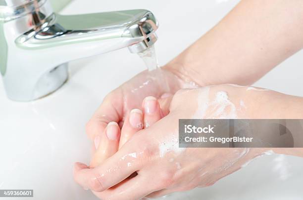 女性彼女の手の洗浄 - 1人のストックフォトや画像を多数ご用意 - 1人, お手洗い, きれいにする