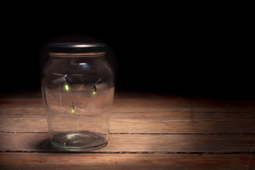 firelies in a jar on a dark background
