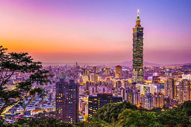 Modern office buildings in Taipei, Taiwan at dusk.