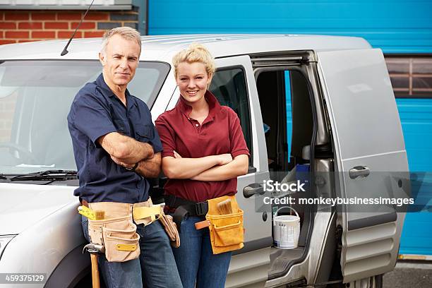 Workers In Family Business Standing Next To Van Stock Photo - Download Image Now - Family, Father, Small Business