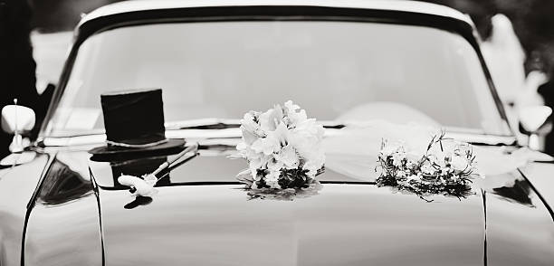istock Bridal bouquet on a  car 459375653