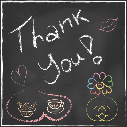 Thank You Lettering Message handwriting on blackboard with set of abstract flower and coffee cup with cake Illustration