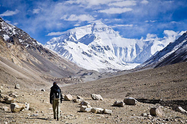 Close-up of Mount Everest illuminated by sunlight.