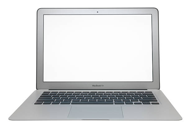 macbook air mit einem leeren bildschirm - apple macintosh laptop computer isolated stock-fotos und bilder