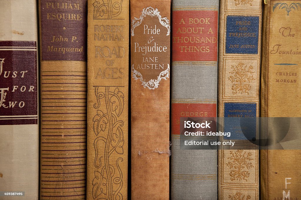 Vintage Hardcover Books from Early 1900s Kimball, Michigan, USA - February 19, 2010:This photo shows seven vintage hardcover books from the early 1900s by various authors and publishers. Jane Austen - Author Stock Photo