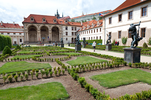 Prague, Czech Republic - May 27, 2011: Wallenstein Palace in Prague. Palace is located near Prague Castle. Palace was built 1623-1630. Wallenstein destroyed 26 houses, six gardens, and two brickworks to build palace. Today it attracts thousands of tourists.