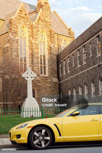 Yellow Mazda Rx8 Parked In Front Of Church Stock Photo - Download Image Now - Mazda RX-8, Architecture, Bumper