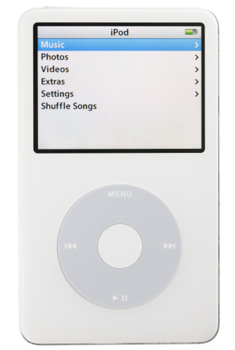 Colorado Springs, Colorado, USA - May 25, 2011: A front view of a white Apple iPod displaying the home screen. The iPod in this photo is a fifth generation Apple iPod. This model was the first iPod with video playback capabilities.