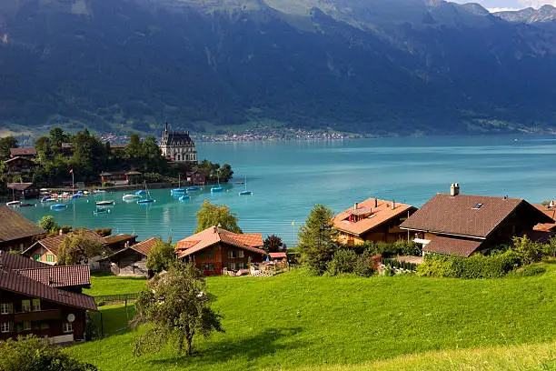 Alpine lake Brienz of Jungfrau region, viewed from Iseltwald in Switzerland