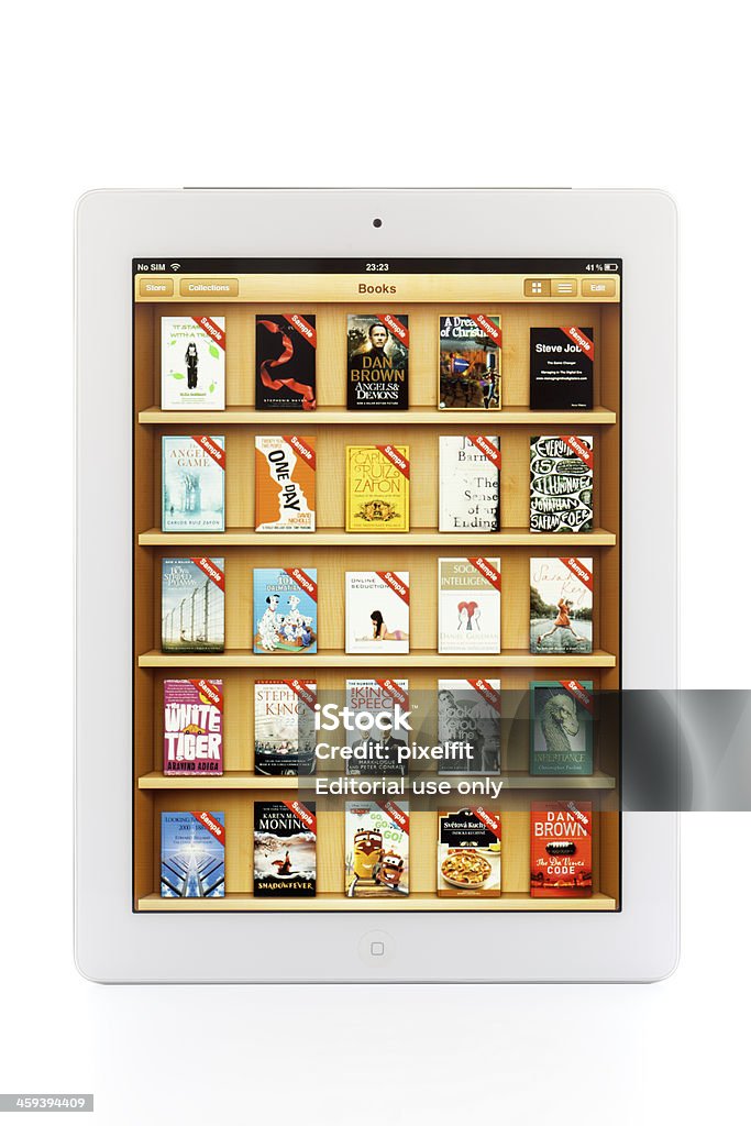 iBooks Sofia, Bulgaria - January 24, 2012: White Apple iPad 2 3G with sample books from Apple store iBooks. Digital tablet with multi touch display, isolated on white background. 3G Stock Photo