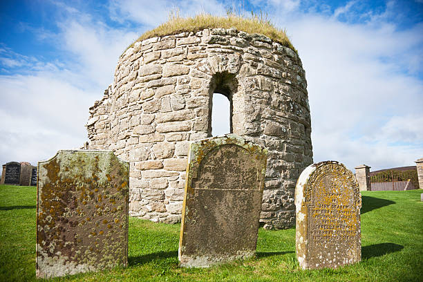 Kirkwall, UK - September 14, 2011: The ruin of the round church of St Nicholas at Orphir near Kirkwall, in the Orkney Islands. Dating back to the late 11th century when Orkney was under Norse rule, this is the only surviving medieval round church in Scotland.