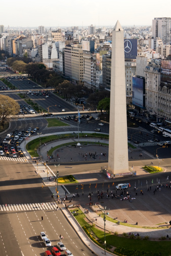 Buenos Aires, Argentina - October 19, 2011: 9 de Julio Avenue and Obelisco, aerial view. Architectural icon to Buenos Aires City