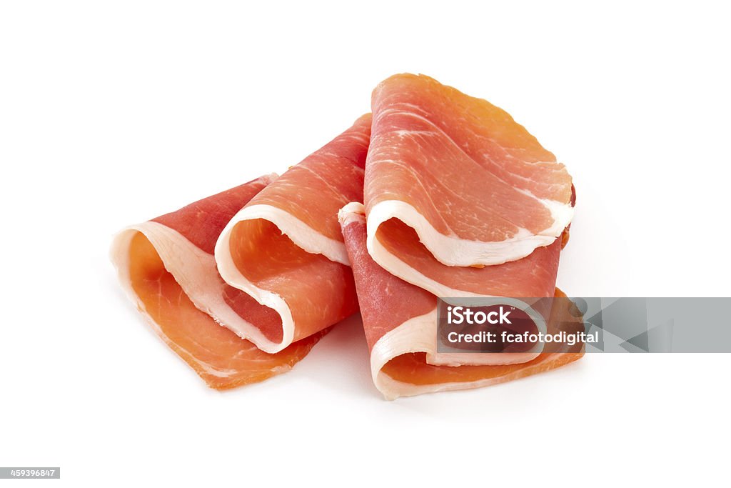 Two slices of prosciutto on a white background Prosciutto Slices on White Background Parma Ham Stock Photo