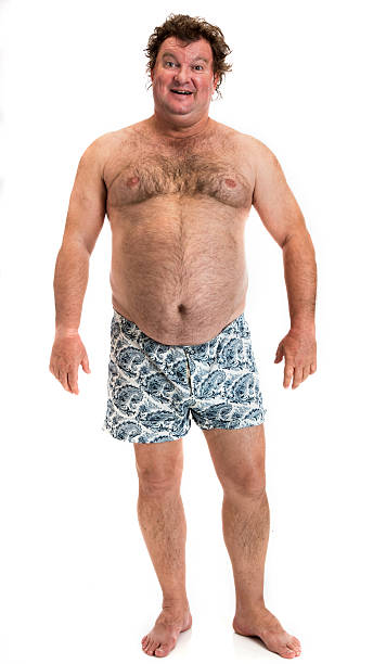 Unhealthy Lifestyle fat man in underwear on white background fat guy no shirt stock pictures, royalty-free photos & images