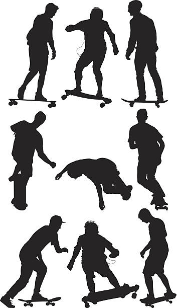 ilustrações de stock, clip art, desenhos animados e ícones de skate e truques - skateboarding skateboard silhouette teenager