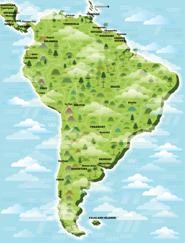 A detailed illustrated map of South America, showing named countries and capital cities, on 11 layers to aid editing.