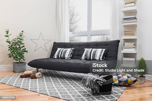 Spacious Living Room With Modern Decor Stock Photo - Download Image Now - Futon, Sofa, Rug