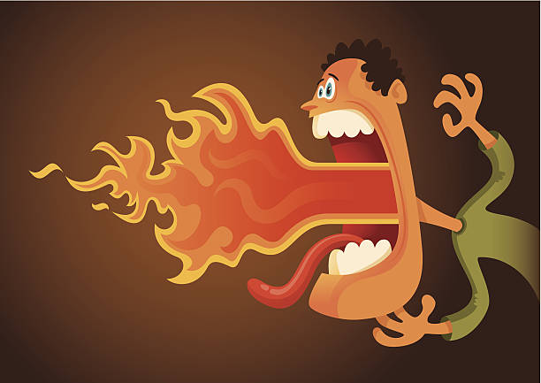 ilustraciones, imágenes clip art, dibujos animados e iconos de stock de comic de incendios, hombre de respiración. - fire eater fire performance circus performer