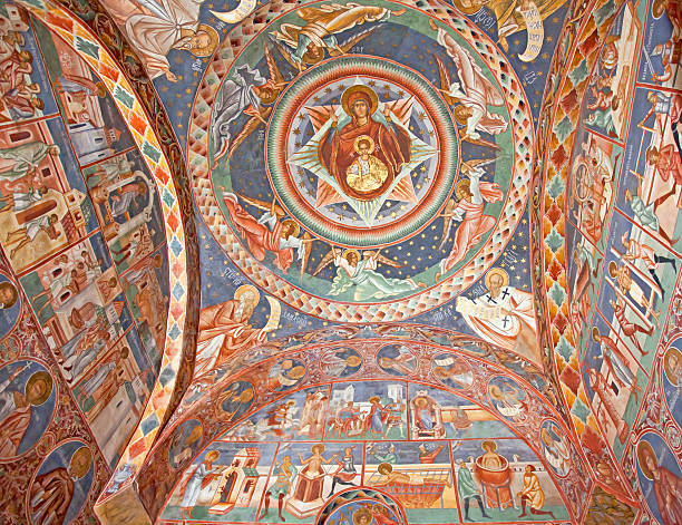 voronet igreja fresco no interior, roménia - voronet imagens e fotografias de stock