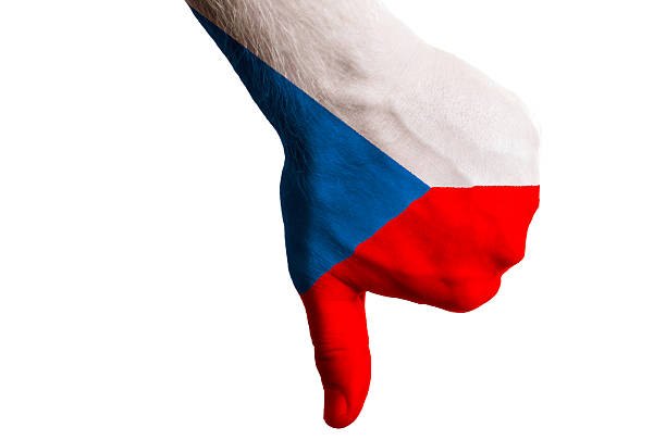 Hand with thumb down gesture in colored czech national flag as symbol of negative political, cultural, social management of country