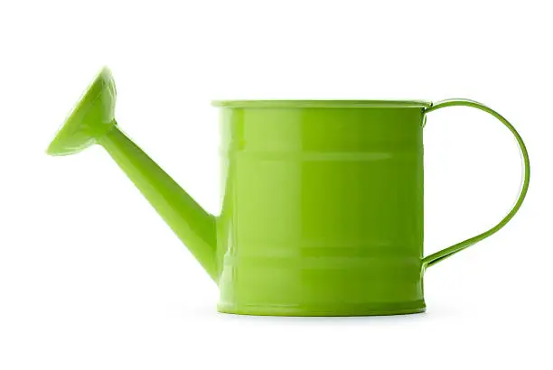Gardening: little green watering can, isolated on white background