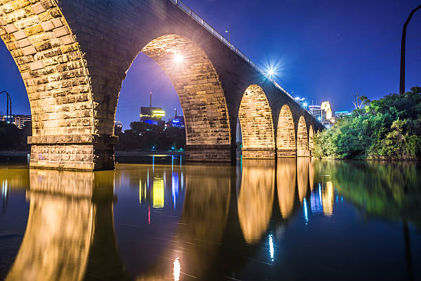 night scene of stone bridge stock photo