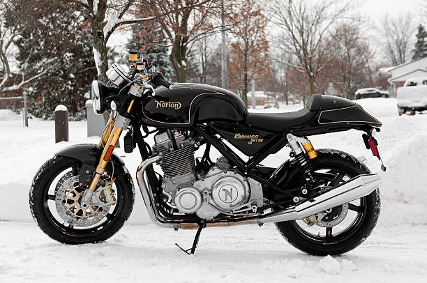 Black Norton Commando 961SE Fonthill, Ontario, Canada - December 15, 2013: A brand new 2013 Norton Commando 961 SE Dual Seat motorcycle poses outside in a driveway in the snow in Fonthill, Ontario Canada norton brand name stock pictures, royalty-free photos & images