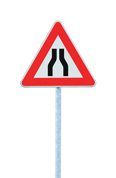 istock Road narrows sign pole post, isolated triangle roadside traffic signage 459429871