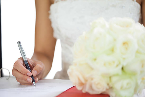 istock Close up of a charming bride signing wedding contract 459433635