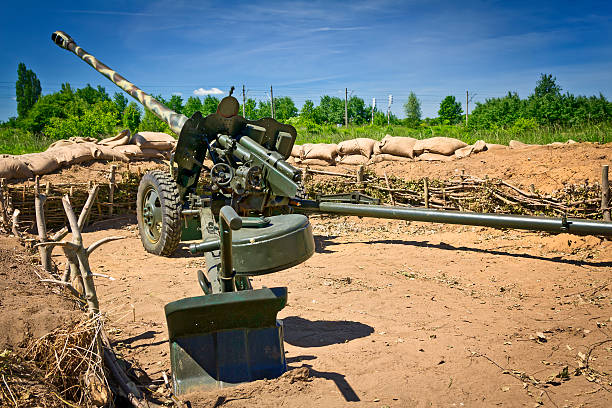 Original condition Russian the 85-mm divisional gun D-44 in the Trench.