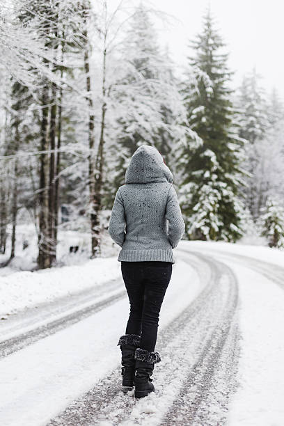 istock Woman walking alone on snowy landscape 459448981