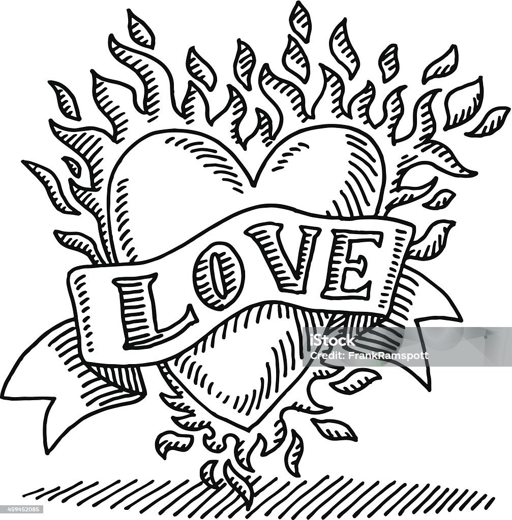 Love Tattoo Burning Heart Drawing Hand-drawn vector drawing of a Love Tattoo with a Burning Heart. Black-and-White sketch on a transparent background (.eps-file). Included files are EPS (v10) and Hi-Res JPG. Heart Shape stock vector