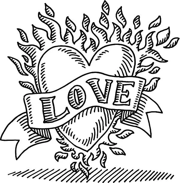 Vector illustration of Love Tattoo Burning Heart Drawing