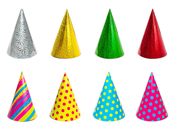 Group of different colorful party hats isolated on white background stock photo