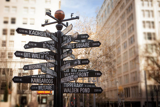 Signpost in downtown Portland stock photo