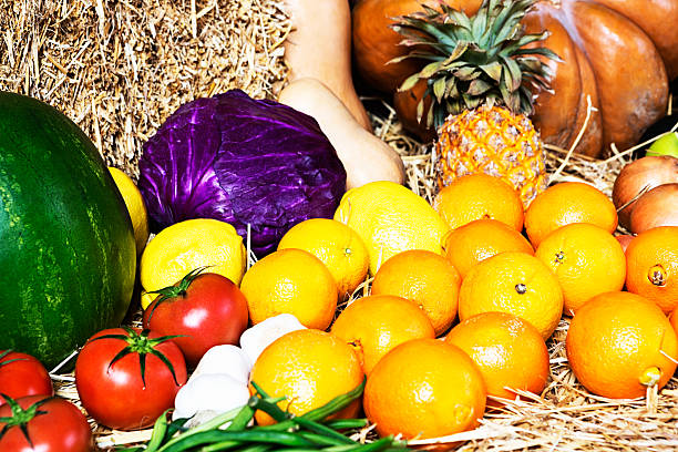 Brightly colored mixed fresh produce at farmers market