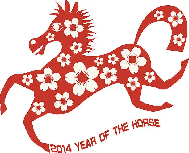 Vector illustration of Abstract Red Chinese Horse with Flower 2014 Vector Illustration