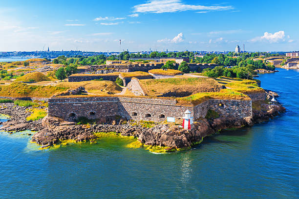 An aerial view of Suomenlinna Fortress in Helsinki, Finland Scenic summer aerial view of Suomenlinna (Sveaborg) sea fortress in Helsinki, Finland fort stock pictures, royalty-free photos & images