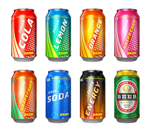 conjunto de latas de bebidas - lata de refresco fotografías e imágenes de stock