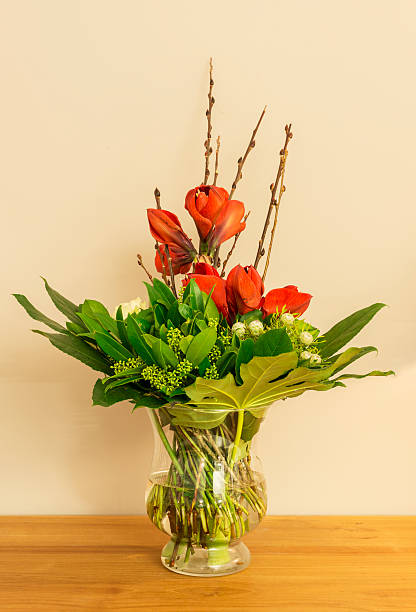 istock glass vase with red Amaryllis and green leaves 459464357