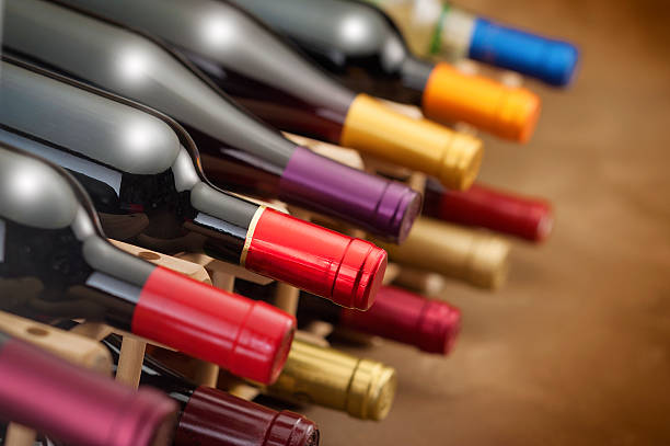 istock Wine bottles resting in wine rack 459468469