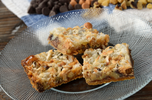 Seven Layer Bars, also called Magic Bars, are a classic American treat made with chocolate chips, coconut, butterscotch chips, nuts,condensed milk, graham crackers, and butter.